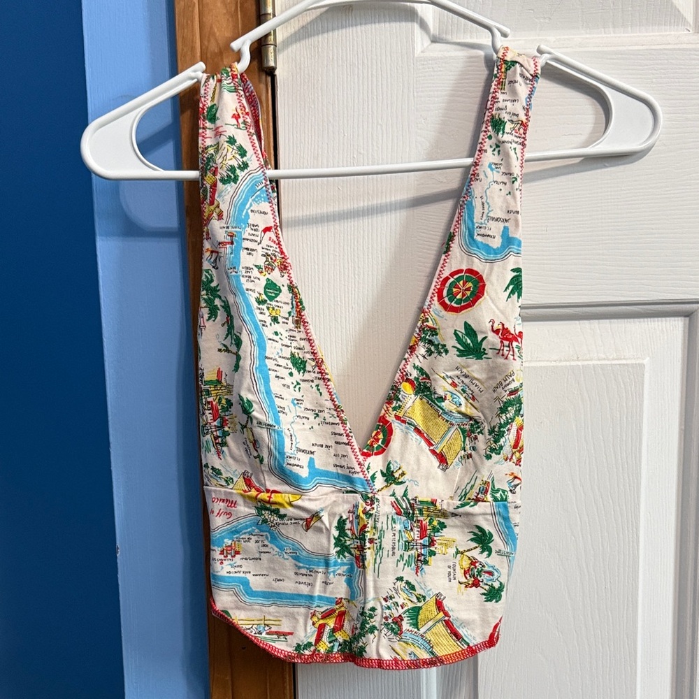 BDG Cream Multi-Color Printed V-Neck Tank Top